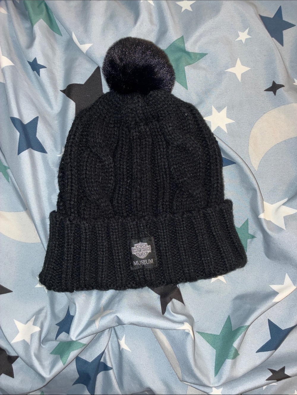 Harley-Davidson Black Knit Pom Beanie with Gold Script